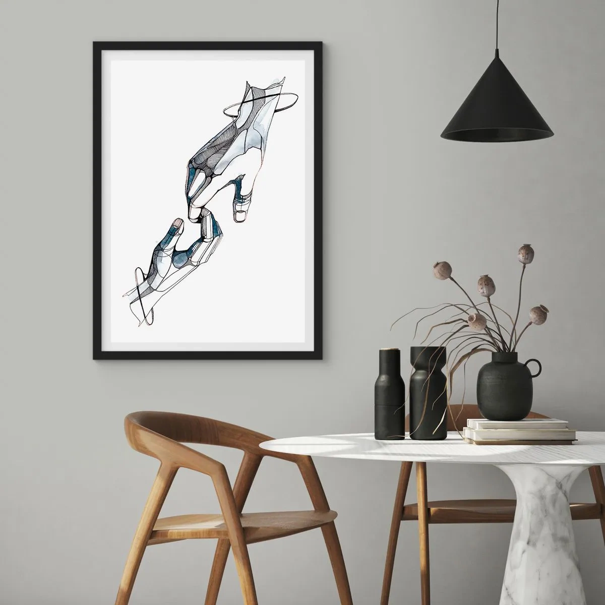 Plakat i sort ramme - Abstrakte hænder i en kunstnerisk komposition af linjer og farver - 50x70cm - En god gestus - Moderne vægdekoration til stue og soveværelse ARTTOR