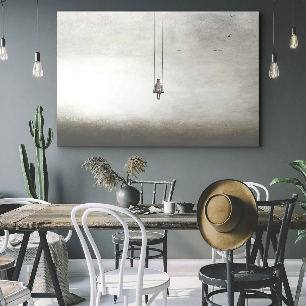 Lærredstryk - Billede på lærred - En figur på en gynge ophængt i rummet - 70x50cm - Barnet i os selv - Moderne vægdekoration til stue og soveværelse ARTTOR