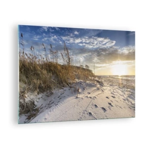 Billede på glas - Sandstrand ved solnedgang med græsser ved klitten - 70x50cm - Indbydelse til en vandretur - Moderne vægdekoration til stue og soveværelse ARTTOR