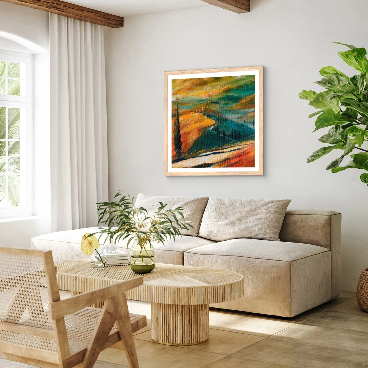 Plakat i ramme af lyst egetræ - Toscansk landskab - 40x40 cm