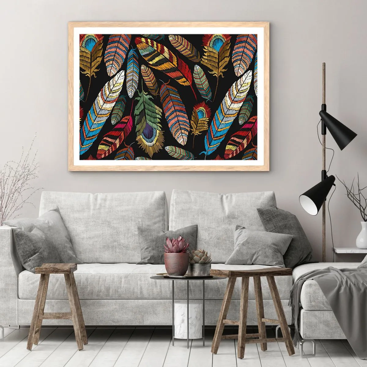 Plakat i ramme af lyst egetræ - Fuglekarneval - 100x70 cm