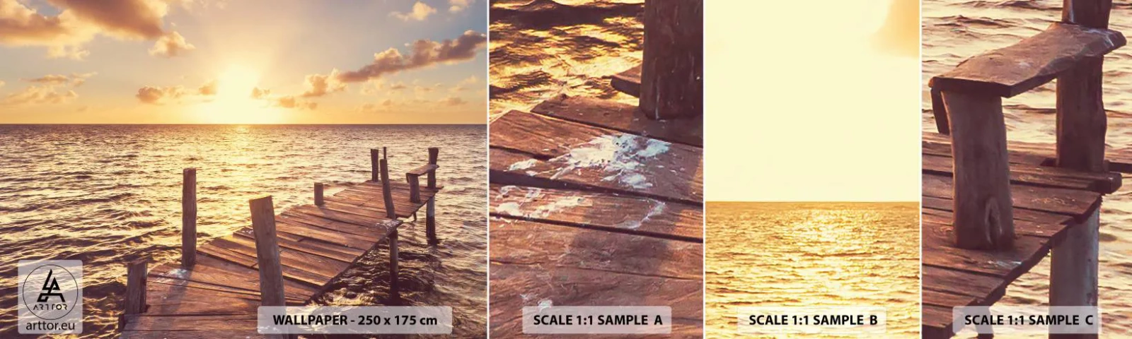 Prøve Fototapet Selvklæbende Deluxe Sticker - Gyldent land af blidhed - Landskab, Hav, træbro - 100x30 cm