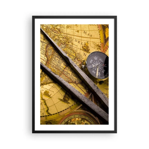 Plakat i sort ramme - Gammelt kort med kompas og navigationsværktøjer - 50x70cm - Hvor er skattene? - Moderne vægdekoration til stue og soveværelse ARTTOR