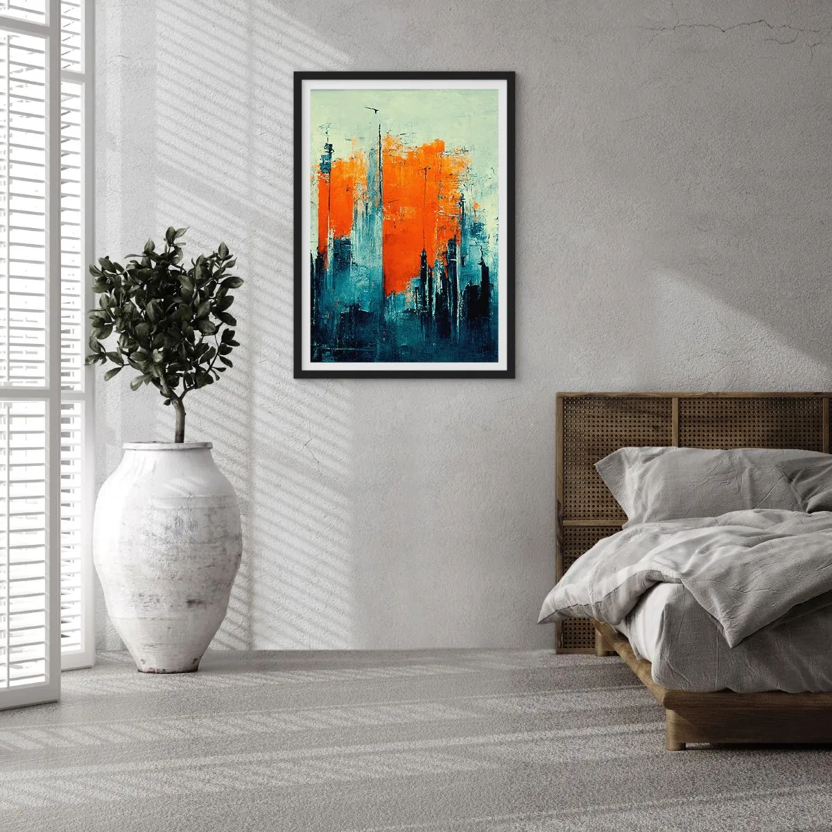 Plakat i sort ramme - Abstrakt bypanorama i nuancer af orange og marineblå - 50x70cm - Moderne landskab - Moderne vægdekoration til stue og soveværelse ARTTOR