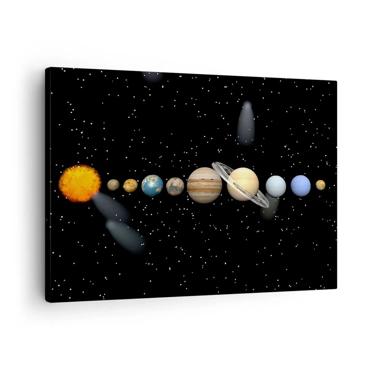Lærredstryk - Billede på lærred - Solsystemet med planeter mod baggrunden af stjerner i rummet - 70x50cm - Og planeterne er ved at blive skøre, ved at blive skøre.... - Moderne vægdekoration til stue og soveværelse ARTTOR