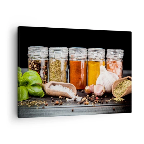 Lærredstryk - Billede på lærred - Krydderurter og krydderier i glas på en mørk baggrund - 70x50cm - For at livet kan smages - Moderne vægdekoration til stue og soveværelse ARTTOR