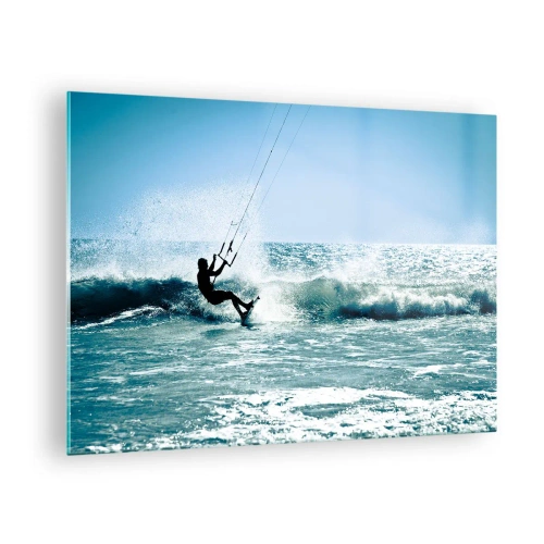 Billede på glas - Kitesurfer på havets bølger på en solskinsdag - 70x50cm - Lad dig rive med - Moderne vægdekoration til stue og soveværelse ARTTOR