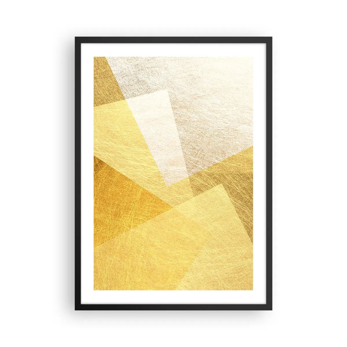 Plakat i sort ramme - Gylden geometrisk abstraktion med en metallisk effekt - 50x70cm - Geometriens vejr - Moderne vægdekoration til stue og soveværelse ARTTOR