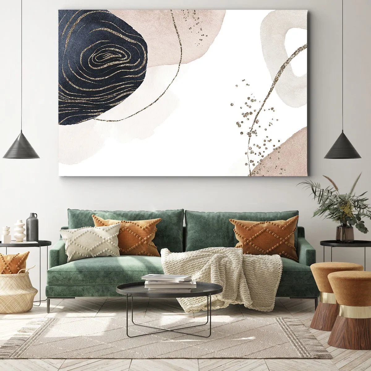 Lærredstryk - Billede på lærred - Abstrakte former i beige og marineblå nuancer med gulddetaljer - 70x50cm - Alt flyder - Moderne vægdekoration til stue og soveværelse ARTTOR