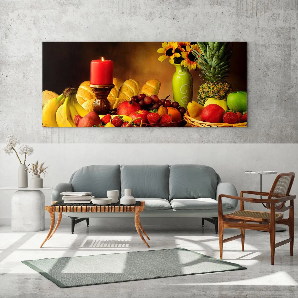 Billede på glas - Stilleben med brød og frugt - 90x30 cm