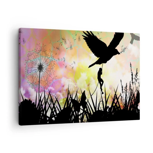 Lærredstryk - Billede på lærred - Natursilhuet med en fugl og en mælkebøtte - 70x50cm - I en eventyrlig atmosfære - Moderne vægdekoration til stue og soveværelse ARTTOR