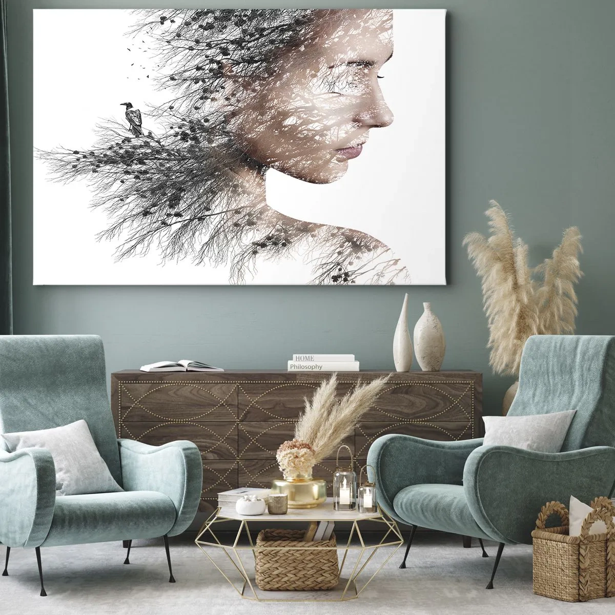 Lærredstryk - Billede på lærred - Silhuet af en kvinde med et gren- og fuglemotiv i baggrunden - 70x50cm - Skovens ånd - Moderne vægdekoration til stue og soveværelse ARTTOR