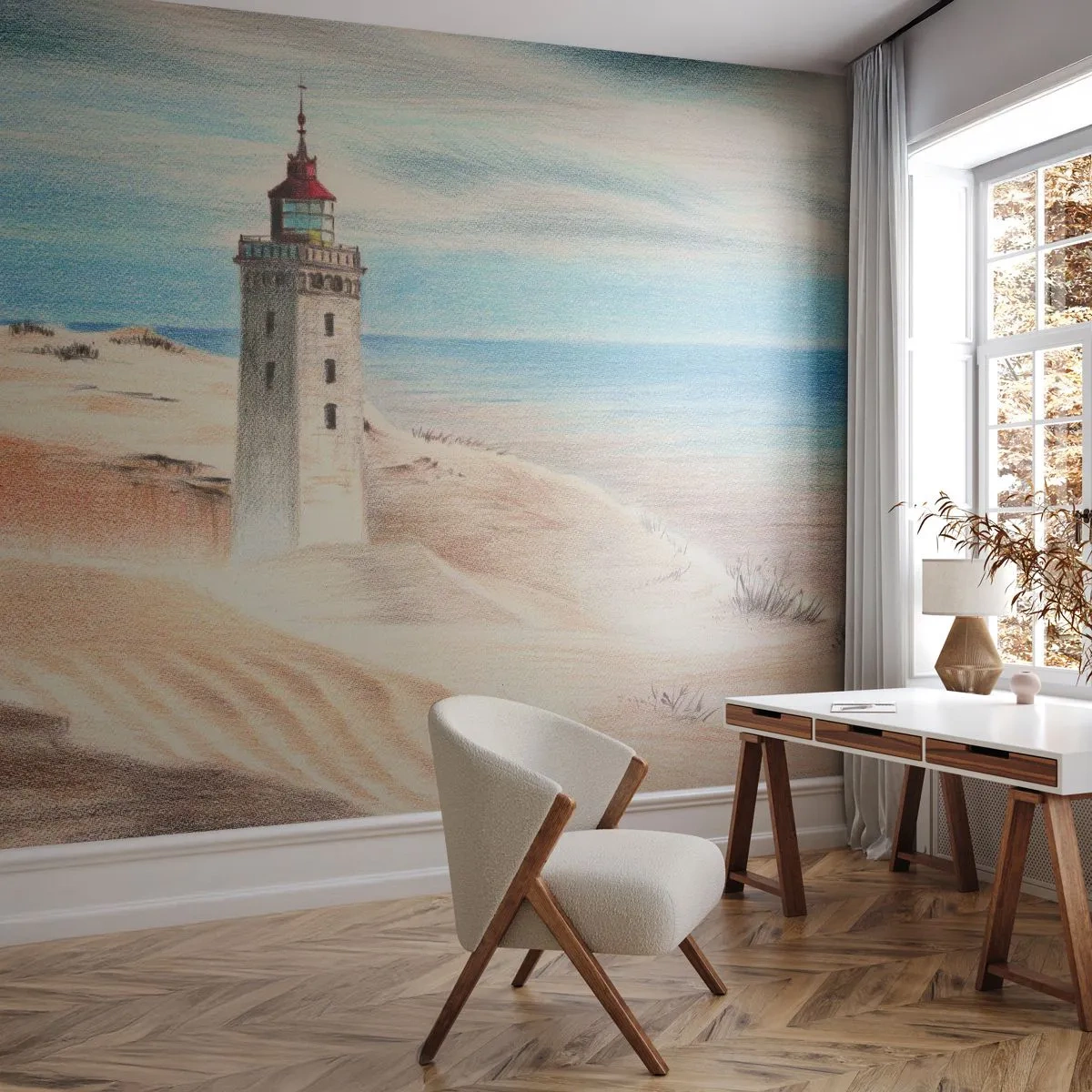 Fototapet Premium Canvas - Altid med blikket rettet mod havet - Fyrtårn, Strand, Hav - 250x175 cm