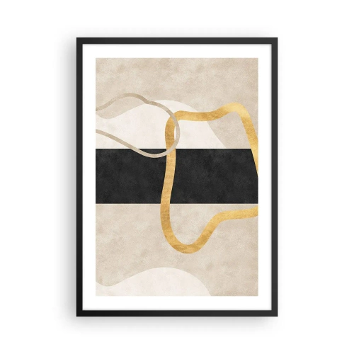 Plakat i sort ramme - Abstrakt komposition med sort, guld og en neutral baggrund - 50x70cm - Sløjfeformede former - Moderne vægdekoration til stue og soveværelse ARTTOR