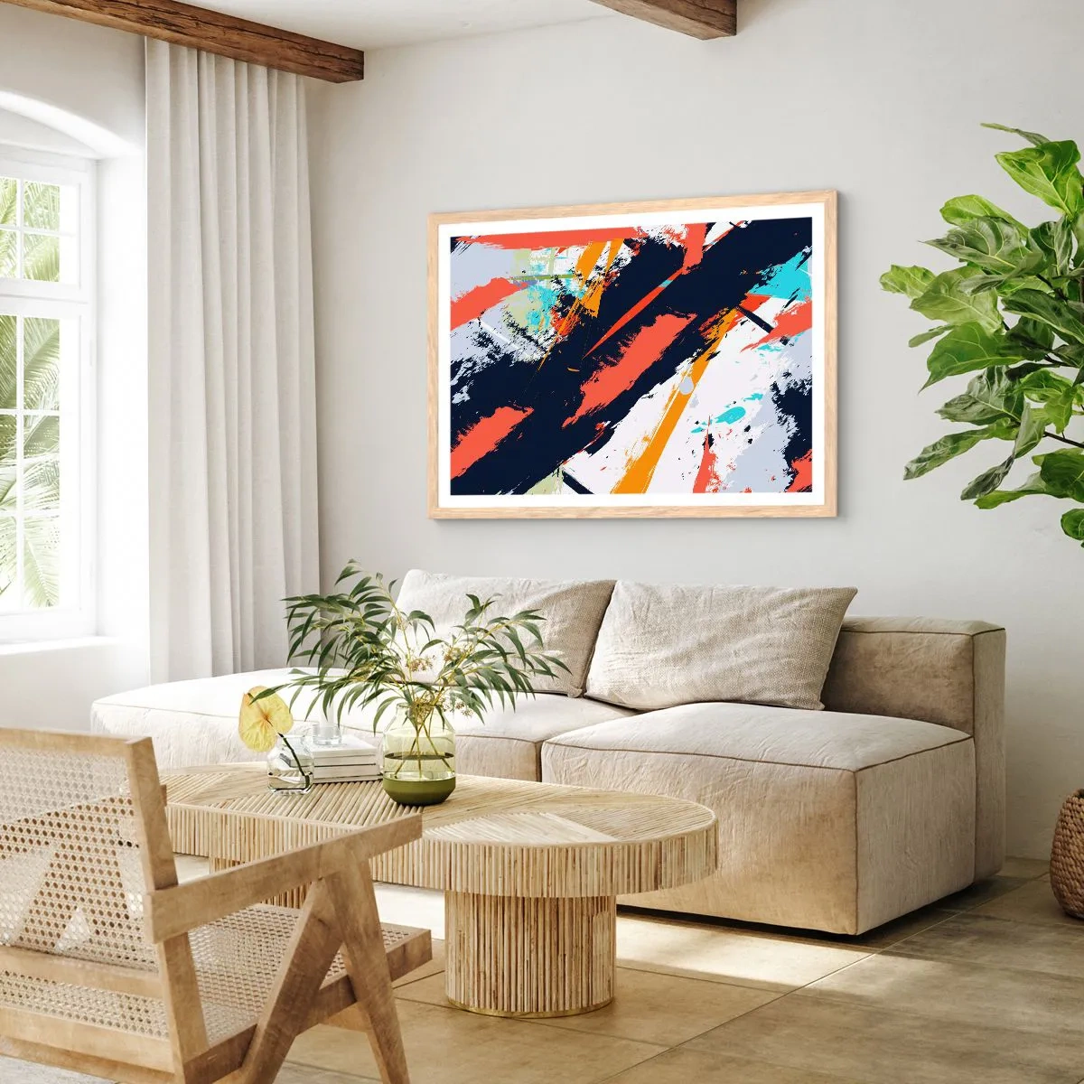 Plakat i ramme af lyst egetræ - Dynamisk sammensætning - 100x70 cm