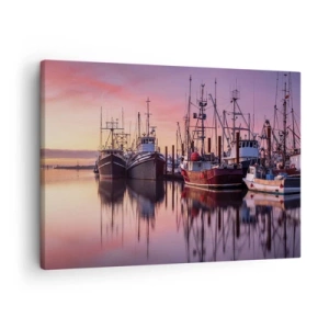 Lærredstryk - Billede på lærred - Fiskerbåde i havnen ved solnedgang - 70x50cm - Før den næste dag - Moderne vægdekoration til stue og soveværelse ARTTOR