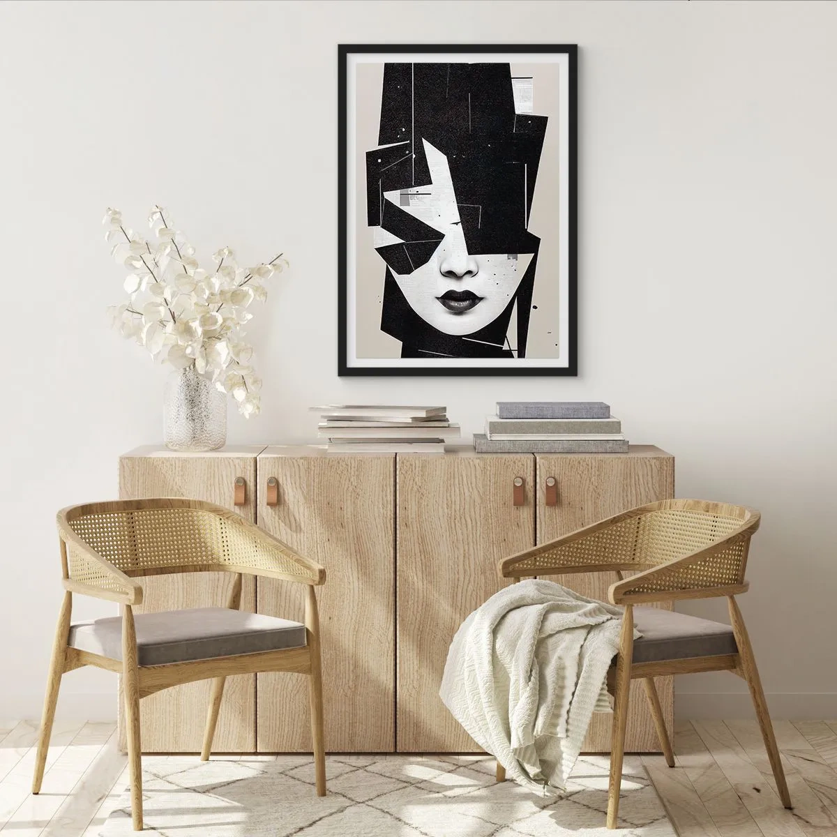 Plakat i sort ramme - Abstrakt portræt af en kvinde i sort-hvid - 50x70cm - Dybt skjult - Moderne vægdekoration til stue og soveværelse ARTTOR