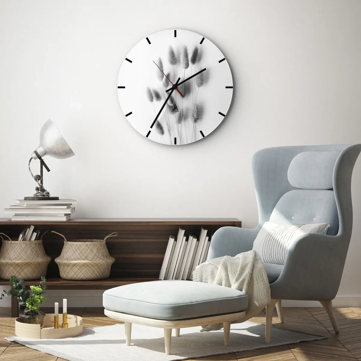 Vægur, Uret - Sort-hvid komposition med græsser på en lys baggrund - 30x30cm - Dens bløde græs - Moderne vægdekoration til stue, køkken og soveværelse ARTTOR