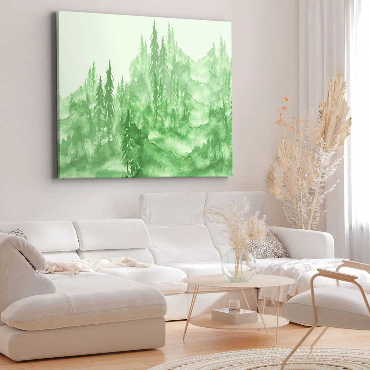 Lærredstryk - Billede på lærred - Grøn skov i akvarelstil på en lys baggrund - 70x50cm - Sløret af grøn tåge - Moderne vægdekoration til stue og soveværelse ARTTOR