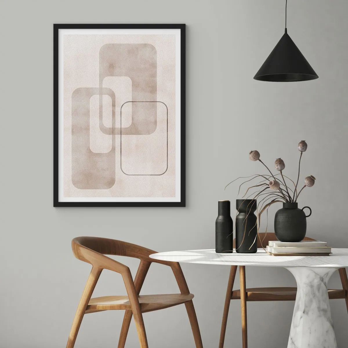 Plakat i sort ramme - Minimalistiske geometriske former i beige nuancer - 50x70cm - Geometrisk fuga - Moderne vægdekoration til stue og soveværelse ARTTOR