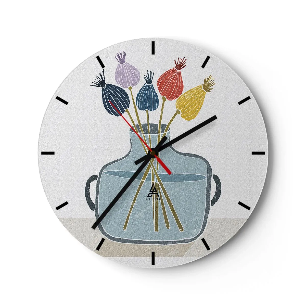 Vægur, Uret - Dekorativt kunstværk med en vase og tørrede blomster - 30x30cm - Som et valmuefrø - Moderne vægdekoration til stue, køkken og soveværelse ARTTOR