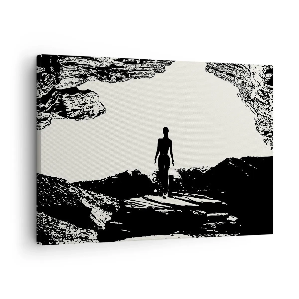 Lærredstryk - Billede på lærred - Sort og hvid silhuet af en kvinde i en hule mod himlen - 70x50cm - Et nyt udseende - Moderne vægdekoration til stue og soveværelse ARTTOR