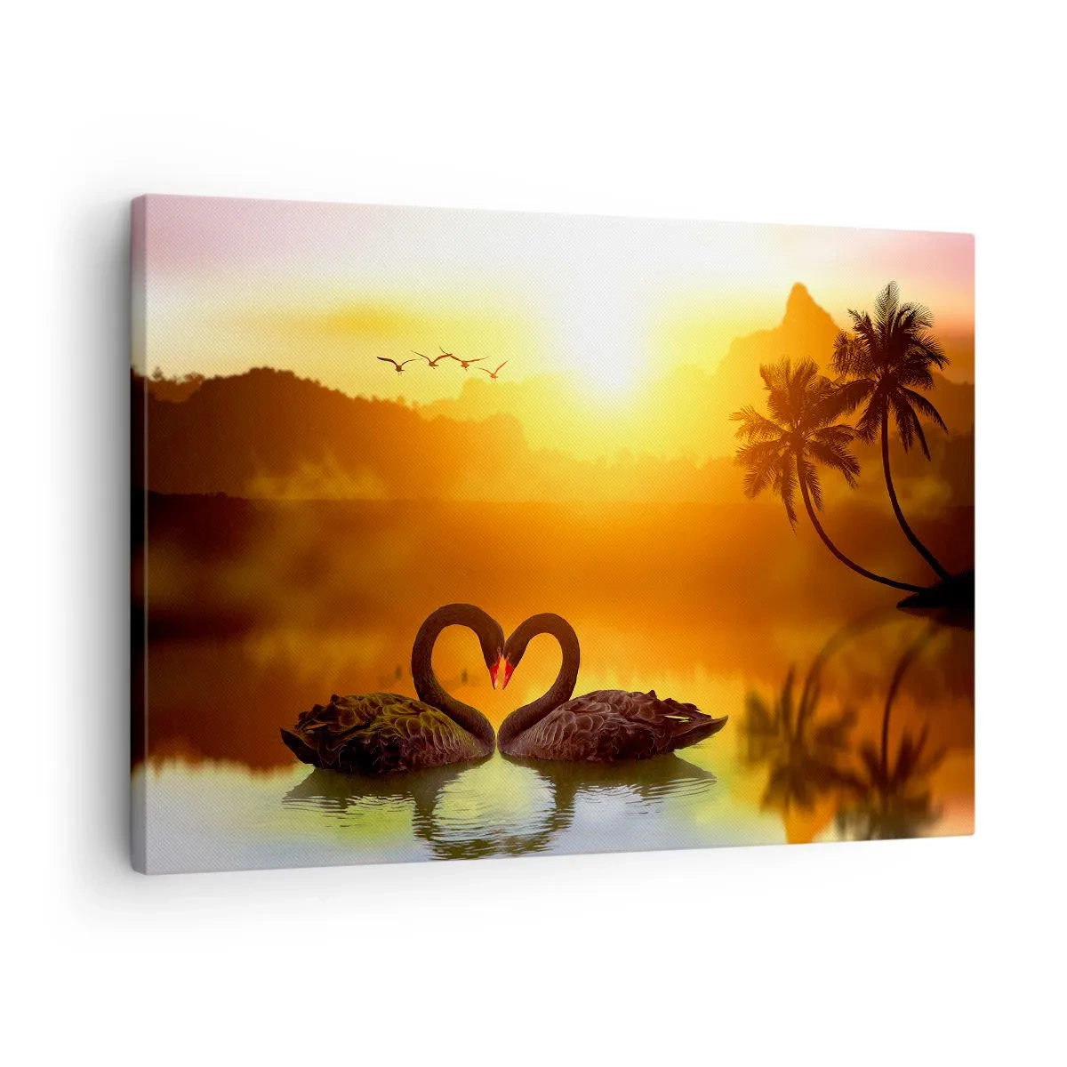 Lærredstryk - Billede på lærred - To sorte svaner danner et hjerte mod baggrunden af en solnedgang over en sø - 70x50cm - Alt til parring - Moderne vægdekoration til stue og soveværelse ARTTOR