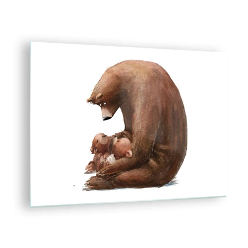 Billede på glas - En morbjørn krammer to små bjørneunger - 70x50cm - Drøm sødt, børn - Moderne vægdekoration til stue og soveværelse ARTTOR