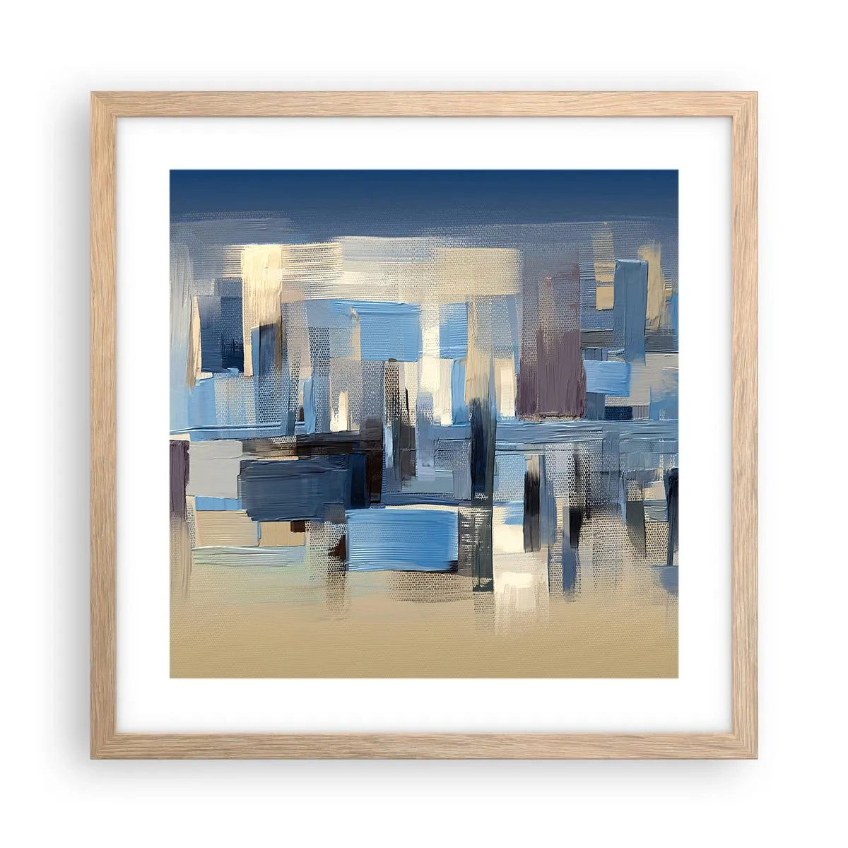 Plakat i ramme af lyst egetræ - Blå konstruktion - 40x40 cm