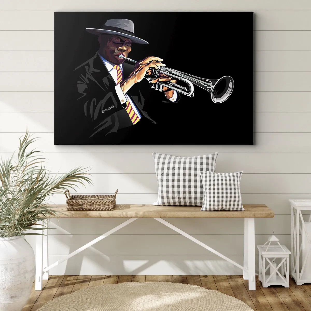 Lærredstryk - Billede på lærred - En musiker, der spiller trompet mod en sort baggrund - 70x50cm - Gammeldags charme - Moderne vægdekoration til stue og soveværelse ARTTOR