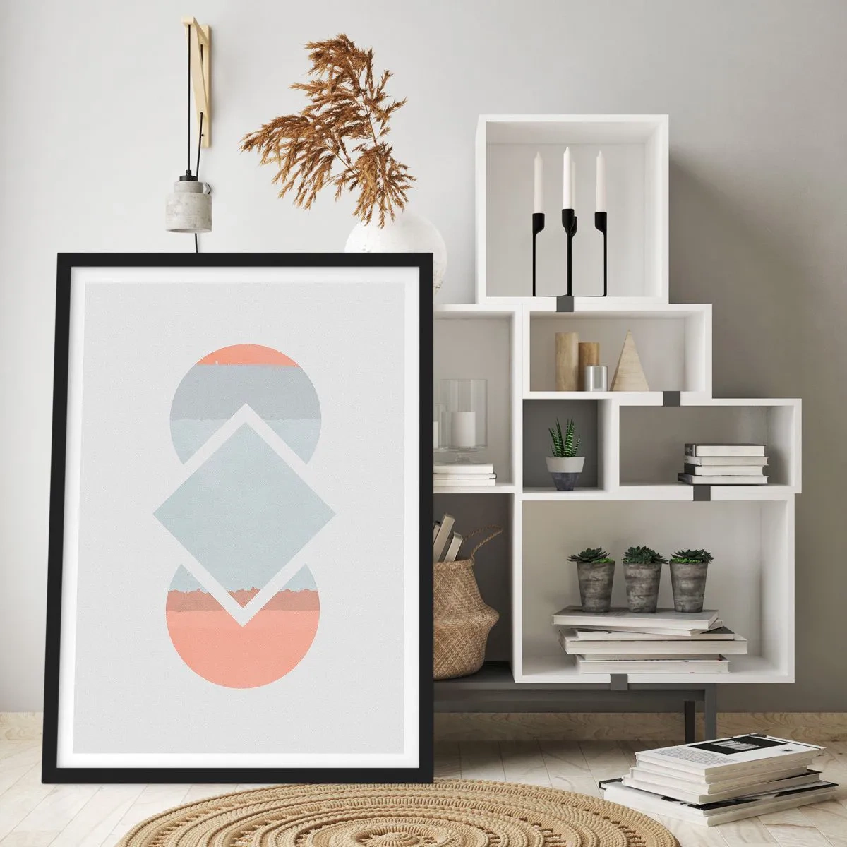 Plakat i sort ramme - En abstrakt komposition af geometriske former og pastelfarver. - 50x70cm - Situationen er klar - Moderne vægdekoration til stue og soveværelse ARTTOR