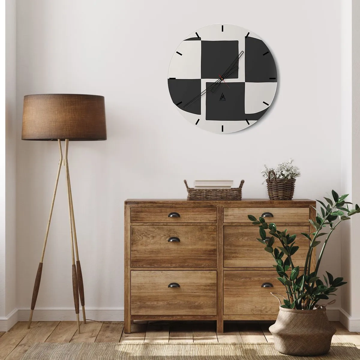 Vægur, Uret - Geometrisk komposition i sort-hvid - 30x30cm - Antitese - syntese - Moderne vægdekoration til stue, køkken og soveværelse ARTTOR