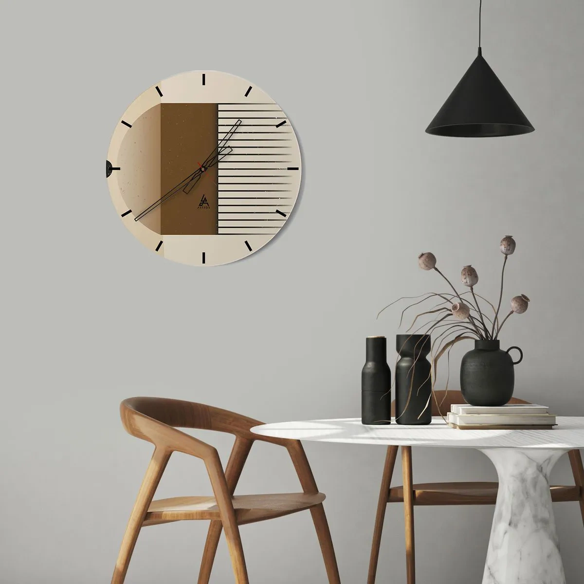 Vægur, Uret - Geometrisk komposition med brune rektangler og linjer på en beige baggrund. - 30x30cm - Forskellige stater - Moderne vægdekoration til stue, køkken og soveværelse ARTTOR