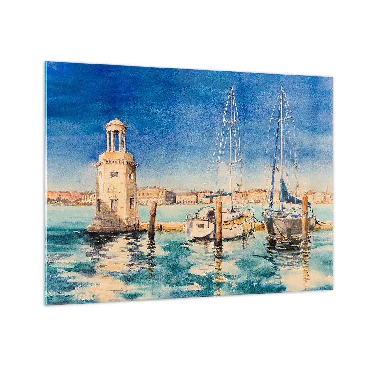 Billede på glas - Akvarel marina med et fyrtårn og fortøjede yachter - 70x50cm - Solrig lagune - Moderne vægdekoration til stue og soveværelse ARTTOR