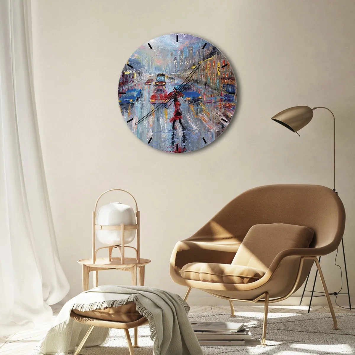 Vægur, Uret - Byens gadebillede i regnvejr med farverige lys - 30x30cm - Regnfuld eftermiddag i byen - Moderne vægdekoration til stue, køkken og soveværelse ARTTOR