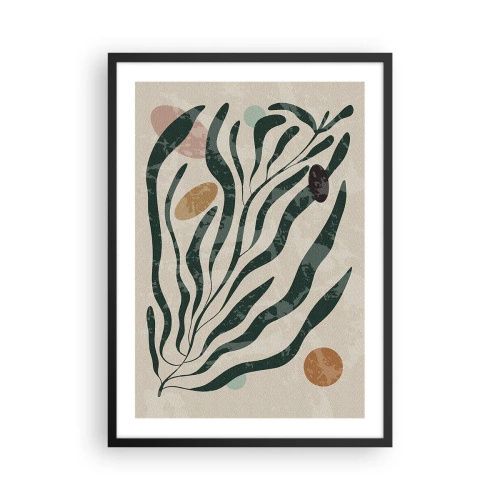 Plakat i sort ramme - Abstrakt plantekomposition i grønt og beige - 50x70cm - Blandt det grønne - Moderne vægdekoration til stue og soveværelse ARTTOR
