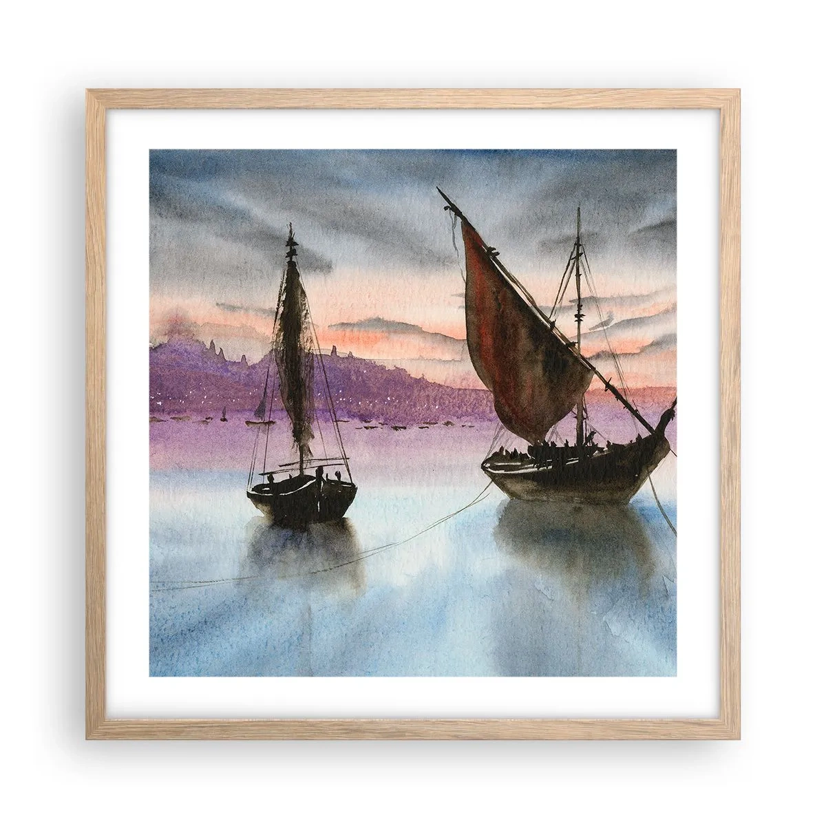 Plakat i ramme af lyst egetræ - Aften i havnen - 50x50 cm