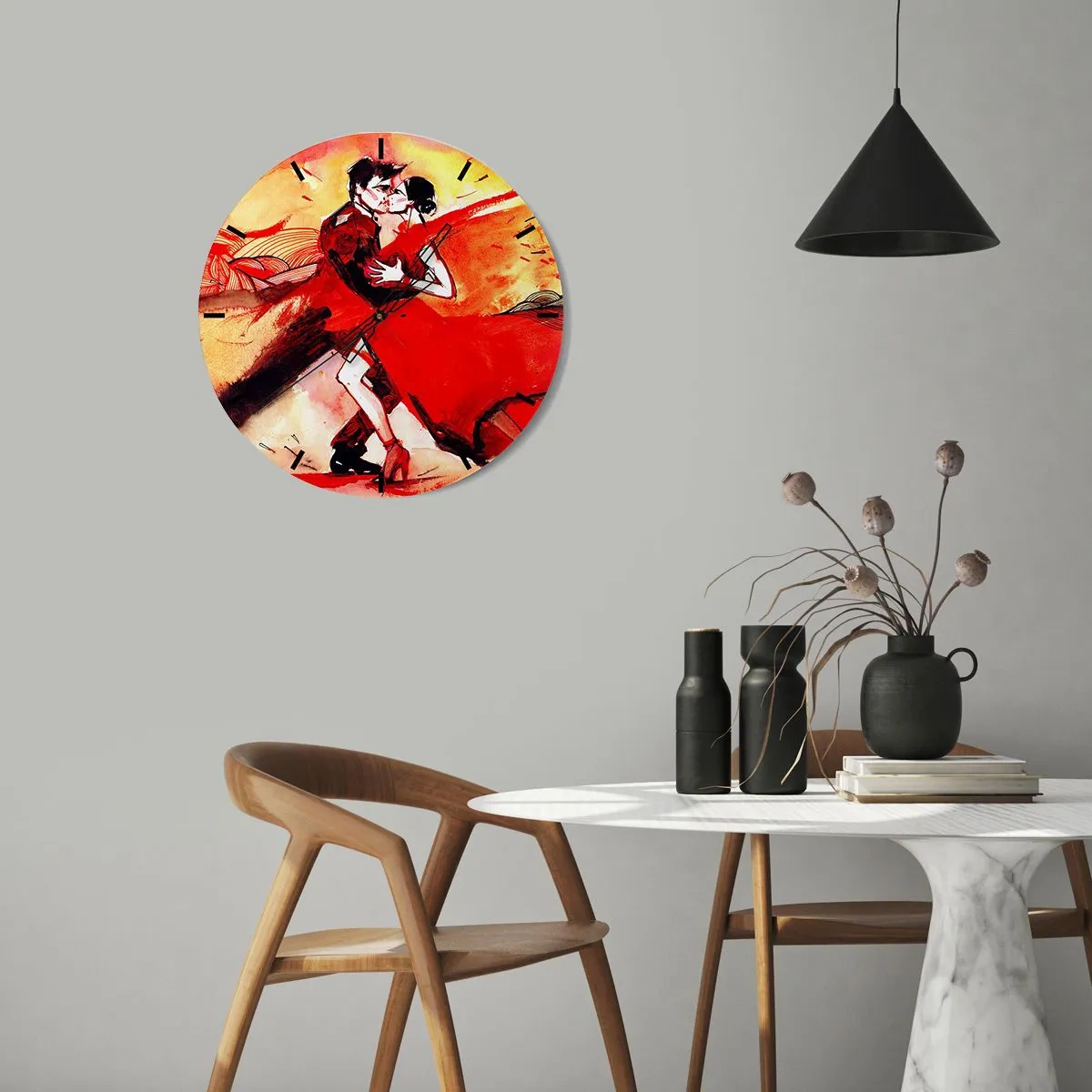 Vægur, Uret - Et par danser tango i nuancer af rødt og guld - 30x30cm - Lilla rytme af lidenskab - Moderne vægdekoration til stue, køkken og soveværelse ARTTOR