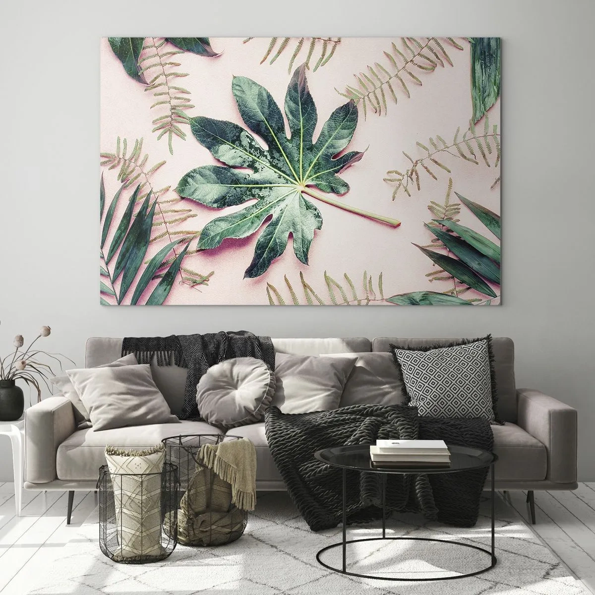 Billede på glas - En undersøgelse af grønt på en lyserød baggrund - 100x70 cm