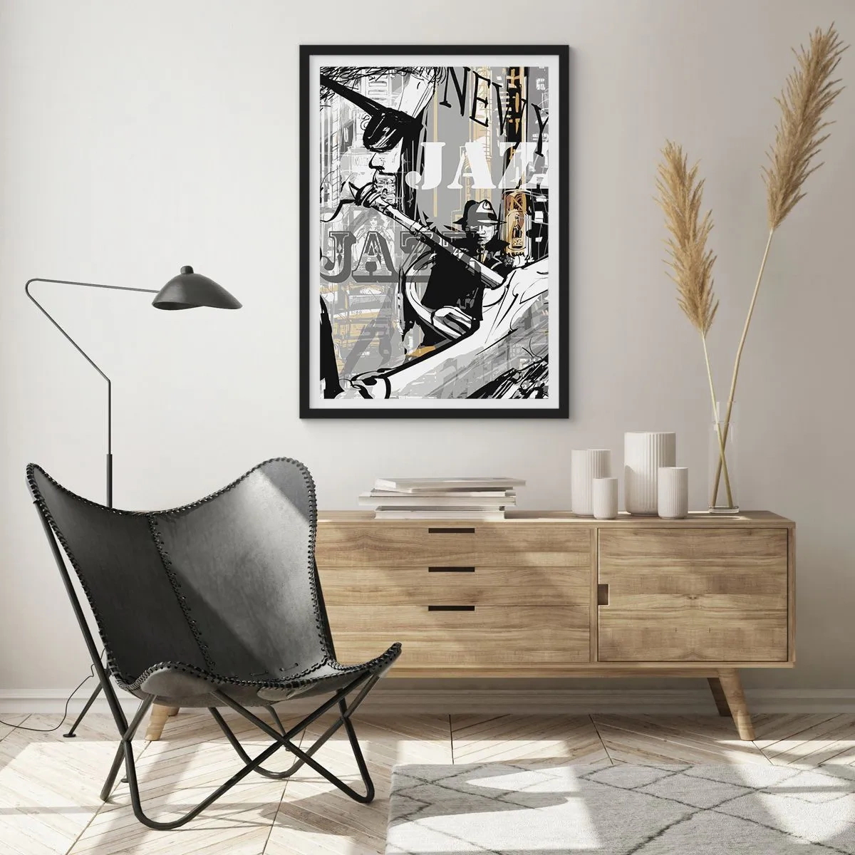 Plakat i sort ramme - En kunstnerisk komposition inspireret af jazz - 50x70cm - Til New Yorks rytme - Moderne vægdekoration til stue og soveværelse ARTTOR
