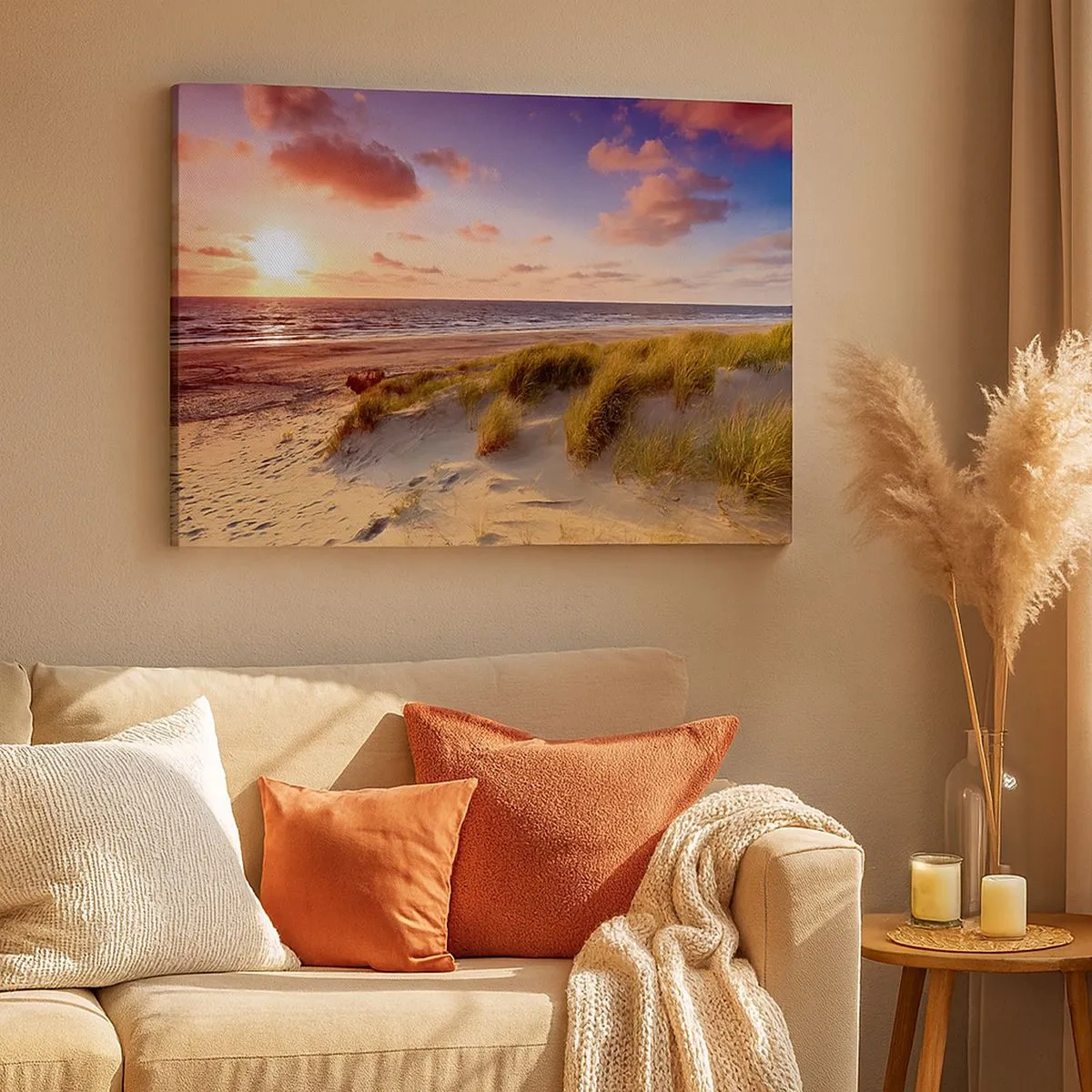 Lærredstryk - Billede på lærred - En græsklædt strand og en solnedgang over et roligt hav - 70x50cm - Luften dufter allerede af sommer - Moderne vægdekoration til stue og soveværelse ARTTOR