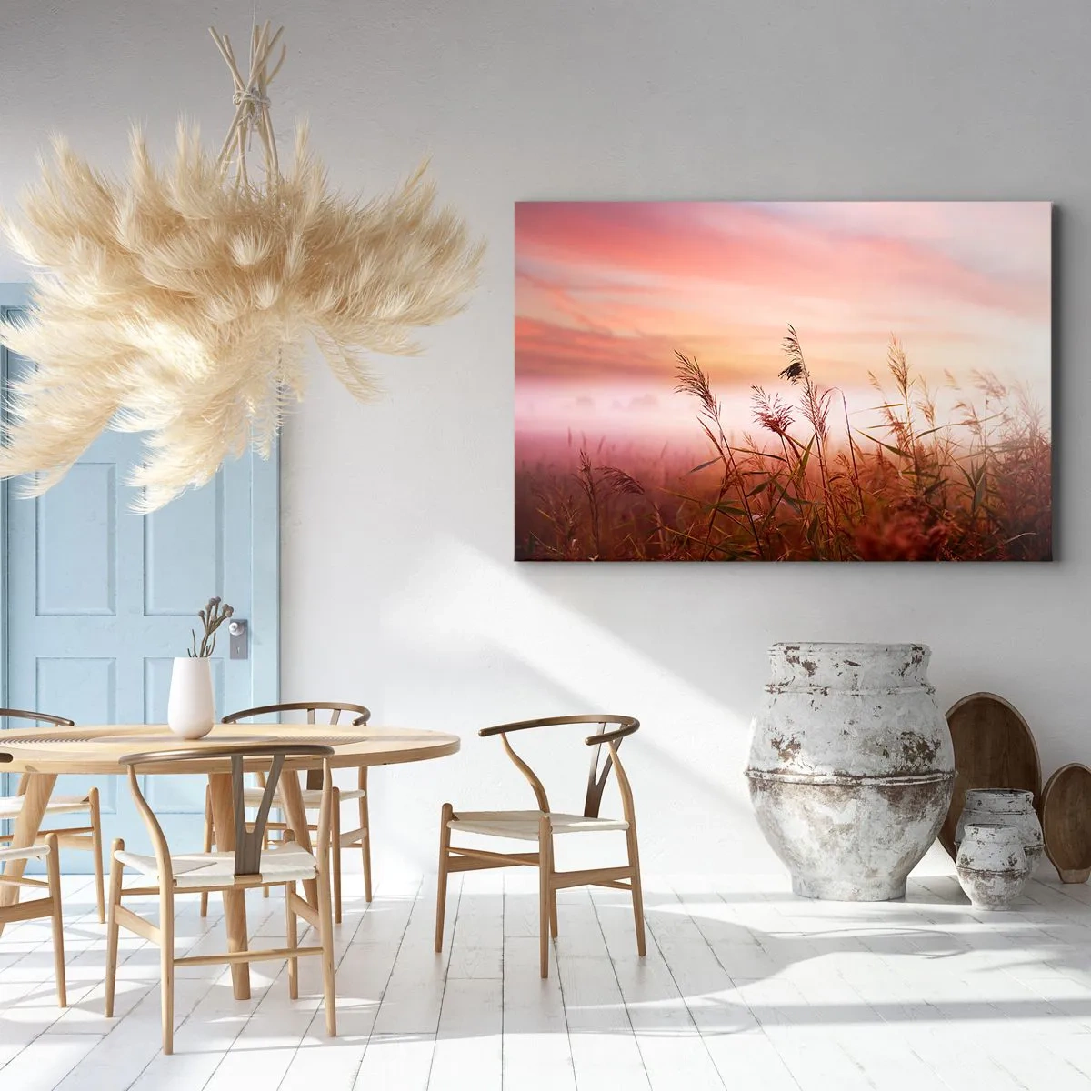 Lærredstryk - Billede på lærred - En græsmark mod en malerisk solnedgangs baggrund - 70x50cm - Drager, blæsere, vind - Moderne vægdekoration til stue og soveværelse ARTTOR