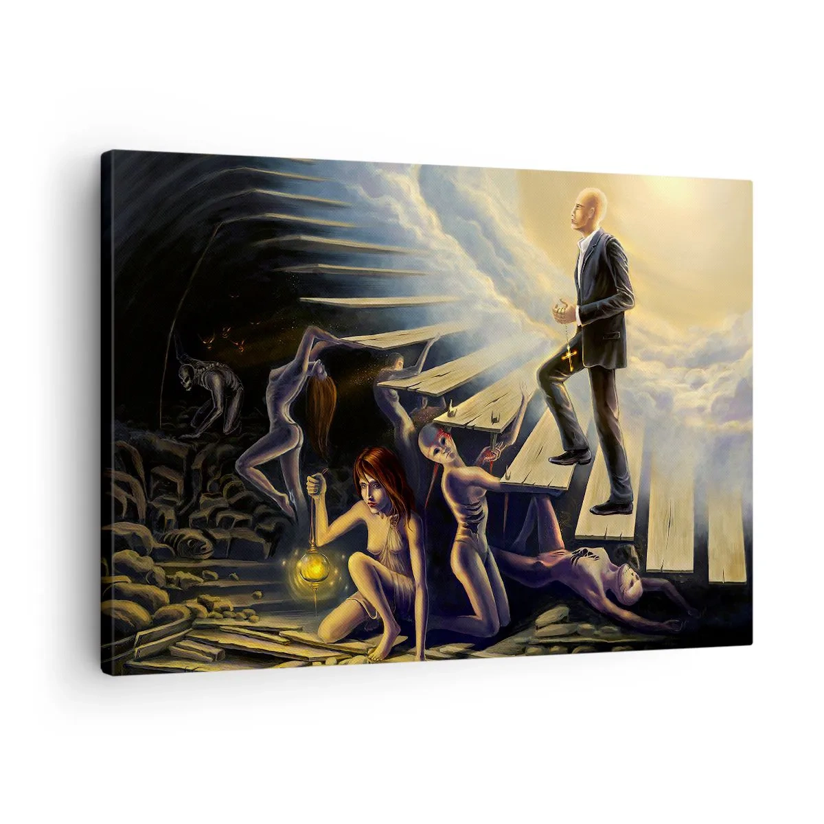 Lærredstryk - Billede på lærred - En symbolsk scene af stien til lyset gennem en forfalden trappe - 70x50cm - En dantesk rejse mod lyset - Moderne vægdekoration til stue og soveværelse ARTTOR