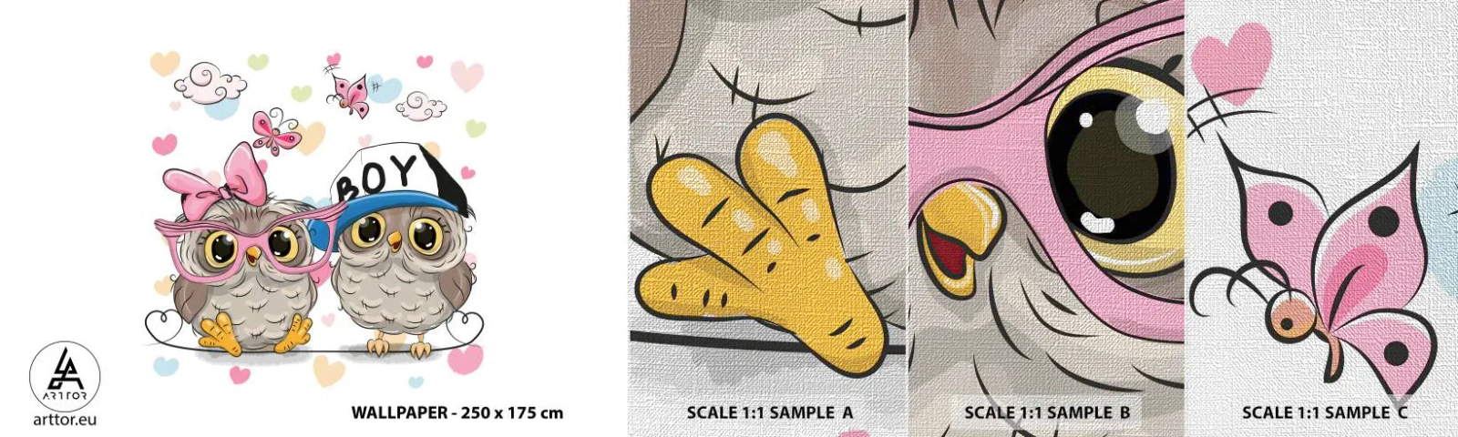 Prøve Fototapet Premium Canvas - Lad os elske hinanden! - For børn, Ugle, Sommerfugl - 100x30 cm