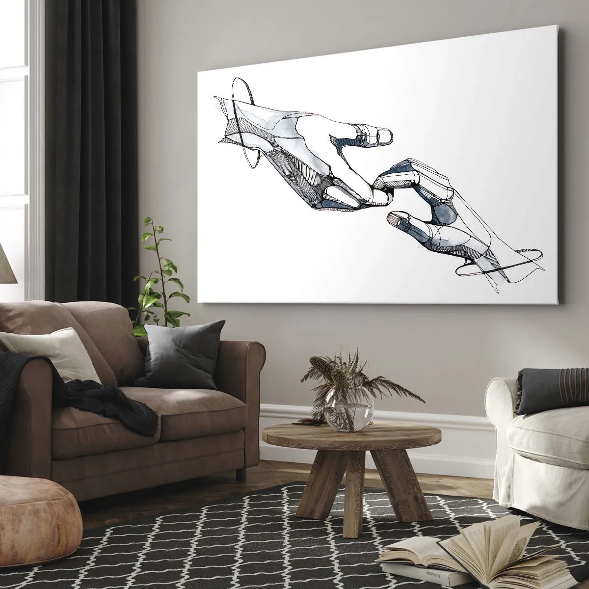 Lærredstryk - Billede på lærred - Kunstnerisk repræsentation af en hånd i en minimalistisk og geometrisk form - 70x50cm - En god gestus - Moderne vægdekoration til stue og soveværelse ARTTOR