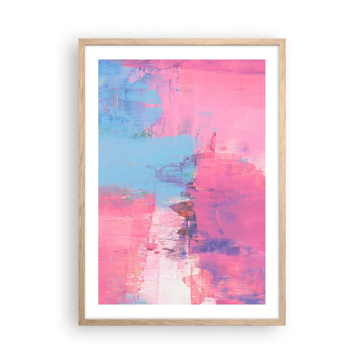 Plakat i ramme af lyst egetræ - Lyserød, blå og en knivspids lys - 50x70 cm