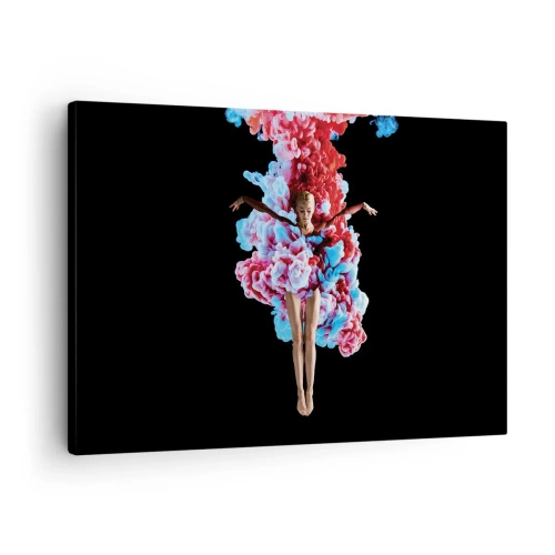 Lærredstryk - Billede på lærred - En danser omgivet af farverig røg på en sort baggrund - 70x50cm - I fuld blomstring - Moderne vægdekoration til stue og soveværelse ARTTOR