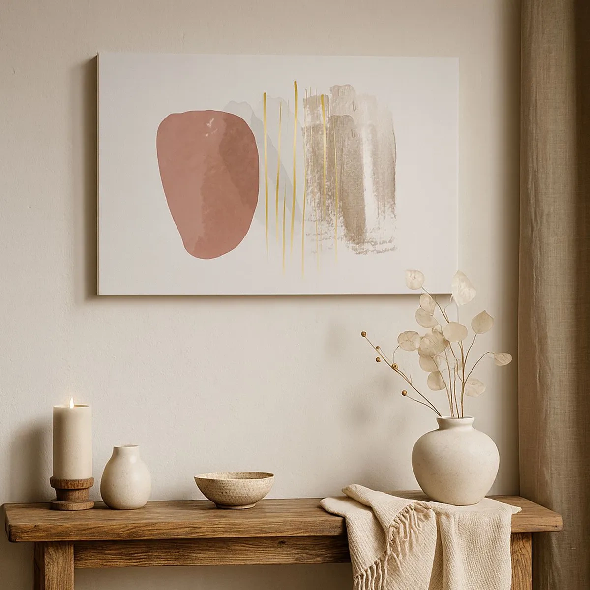 Lærredstryk - Billede på lærred - Abstrakt komposition i beige og guld nuancer - 70x50cm - Abstrakt kolonnade - Moderne vægdekoration til stue og soveværelse ARTTOR