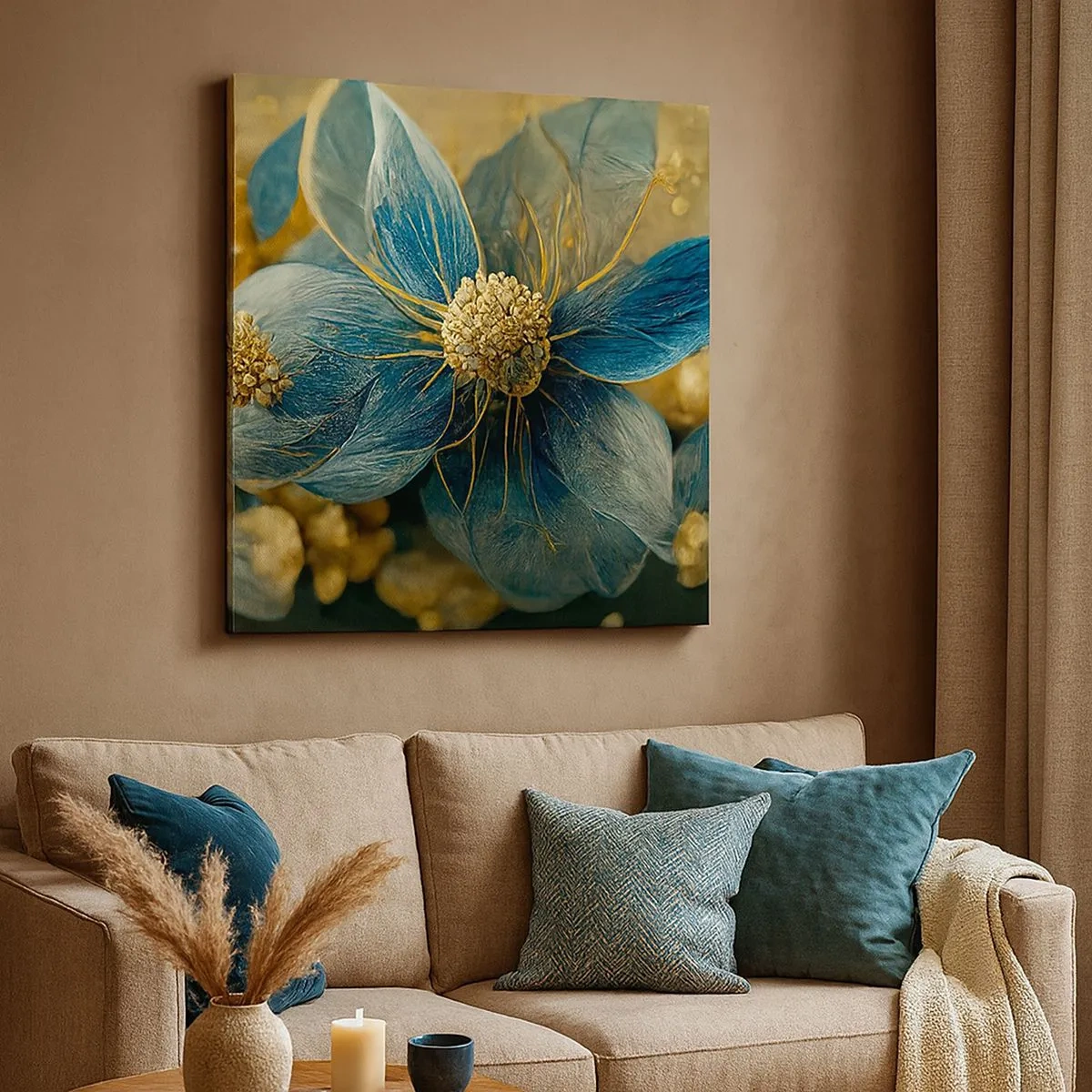 Lærredstryk - Billede på lærred - Blomstre med guld - 30x30 cm