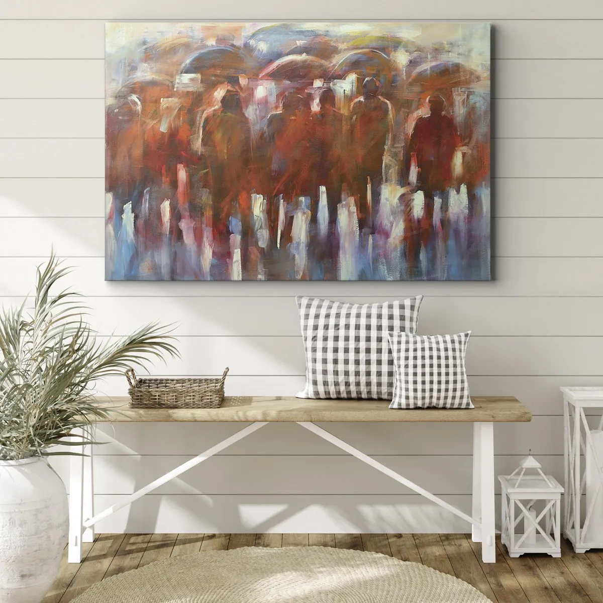 Lærredstryk - Billede på lærred - En menneskemængde med paraplyer i regnfulde, kunstneriske omgivelser - 70x50cm - Lige i regn og tåge - Moderne vægdekoration til stue og soveværelse ARTTOR